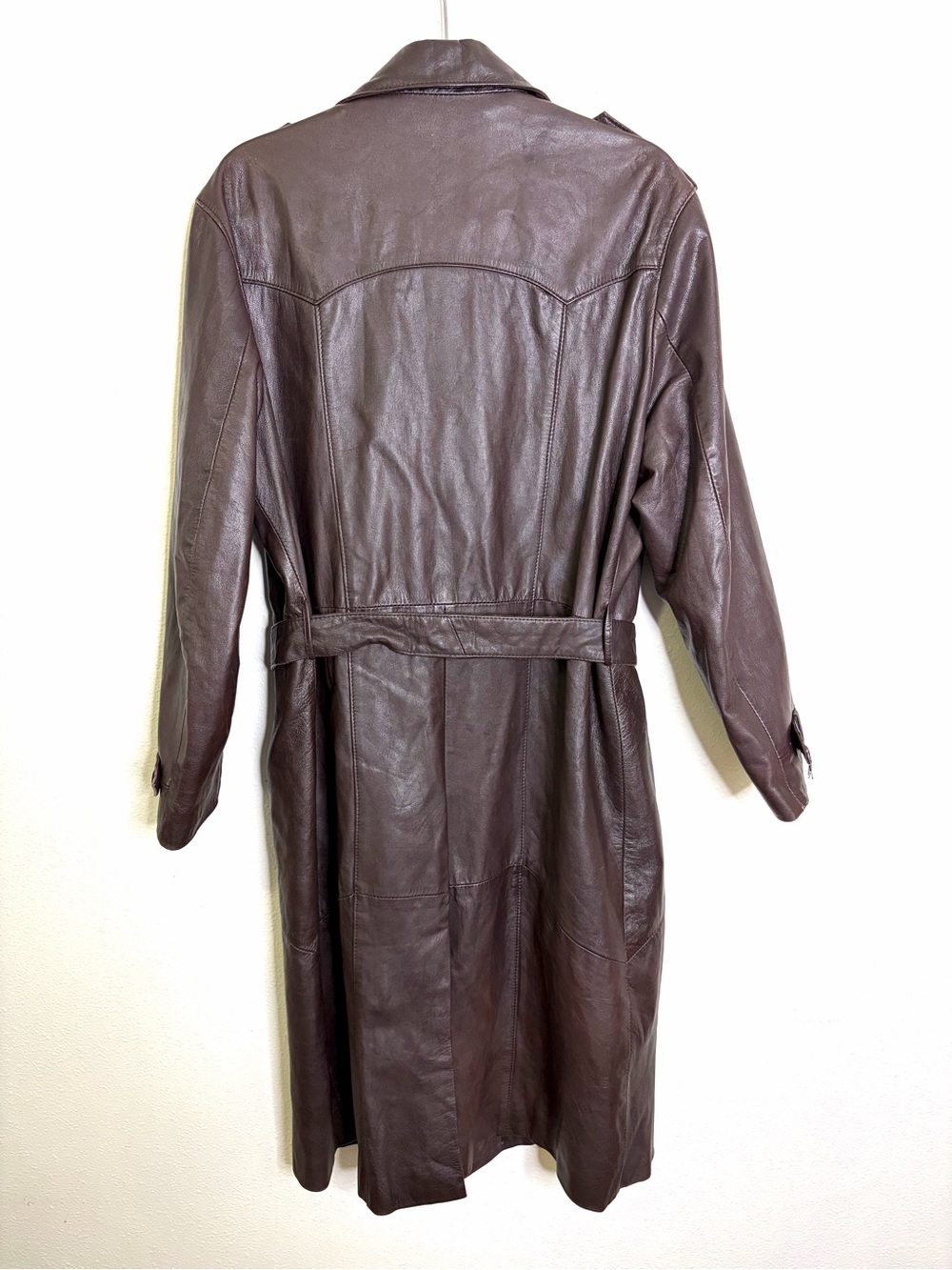 Vintage 70s Brown Leather Trench Coat women’s chocolate L XL belted long - Picture 14 of 15